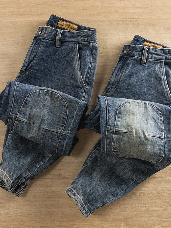 

Red Vintage Waed Denim Jeans Men's Loose Workwear Pants Spring Autumn New Sle Patched Wear Resistant Middle Waist Fit