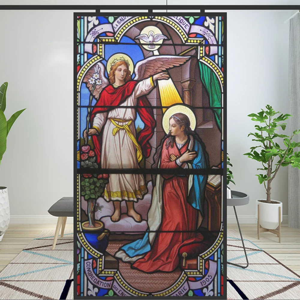 Privacy Window Film UV Blocking Heat Control Window Coverings Static Cling Church Painting Pattern Glass Sticker for Decoration