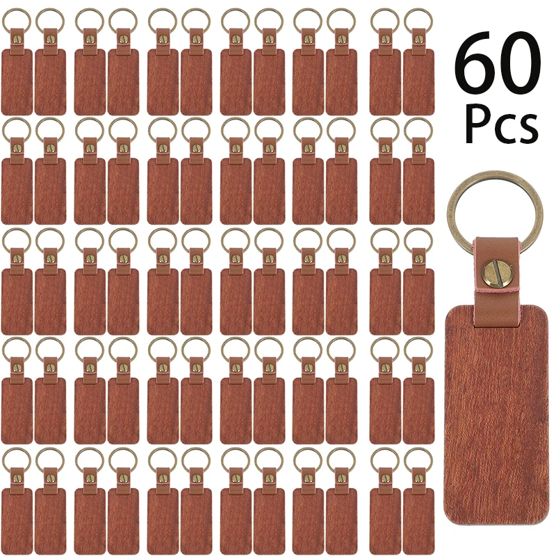 60Pcs Rectangle Unfinished Wood Keyring Wooden Leather Leather Keychain Wood Keychain Blanks DIY Keyrings