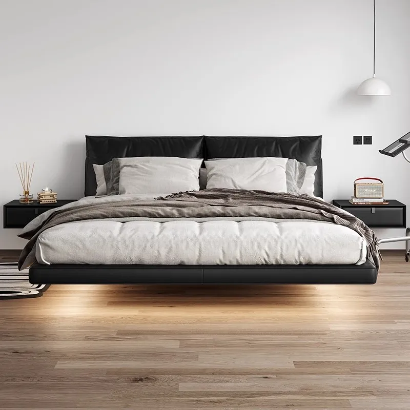 Linlamlim Modern Feather Down Bed | Soft Upholstered Italian Genuine Leather Bed with LED Lighting | Luxury Floating Bed Frame