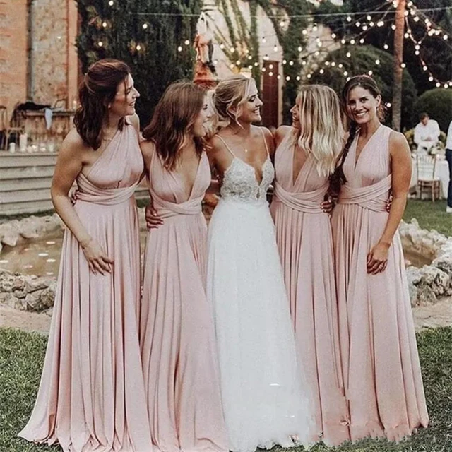 2022 abiti da damigella d onore lunghi con scollo a v rosa chiaro increspato lunghezza del pavimento abito da damigella d onore abito da sposa per gli ospiti AliExpress