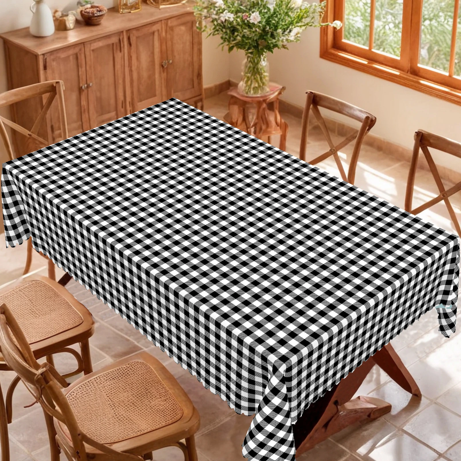 1 Piece of Vintage Plaid-Style Round and Rectangular Tablecloth, Available in Multiple Sizes, with Classic Black and White Checkered Pattern and Clean Lines Interwoven, Featuring a Classic Checkerboard Texture, Printed Tablecloth with Classic Black and White Contrasting Elements, Embossed Edges, Suitable for Home Dining Tables, Balcony Leisure Use, Spring and Summer Ambiance Decoration, and Daily Home Decor