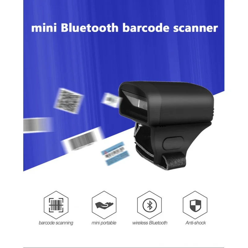 ماسح الباركود اللاسلكي الصغير بحلقة الإصبع 1D 2D رمز الاستجابة السريعة مع ذاكرة كبيرة لنظام iOS/Android أسود/أبيض