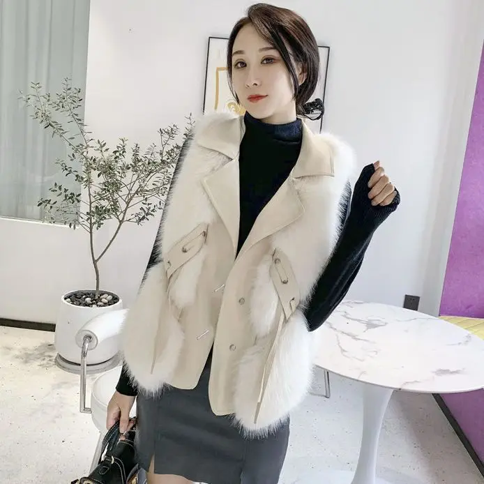 

Women's Lapel Collar Cotton Jacket Tank Top Zipper Pocket Decoration Autumn/Winter New Women Wear Versatile Fur Grass Vest TS384