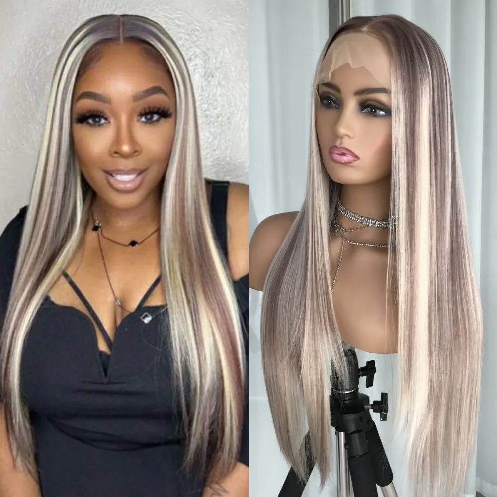 Long Straight Lace Frontal Wig High Quality Synthetic Lace Wig for Women 13x4 Highlight Blonde Lace Front Wig Preplucked