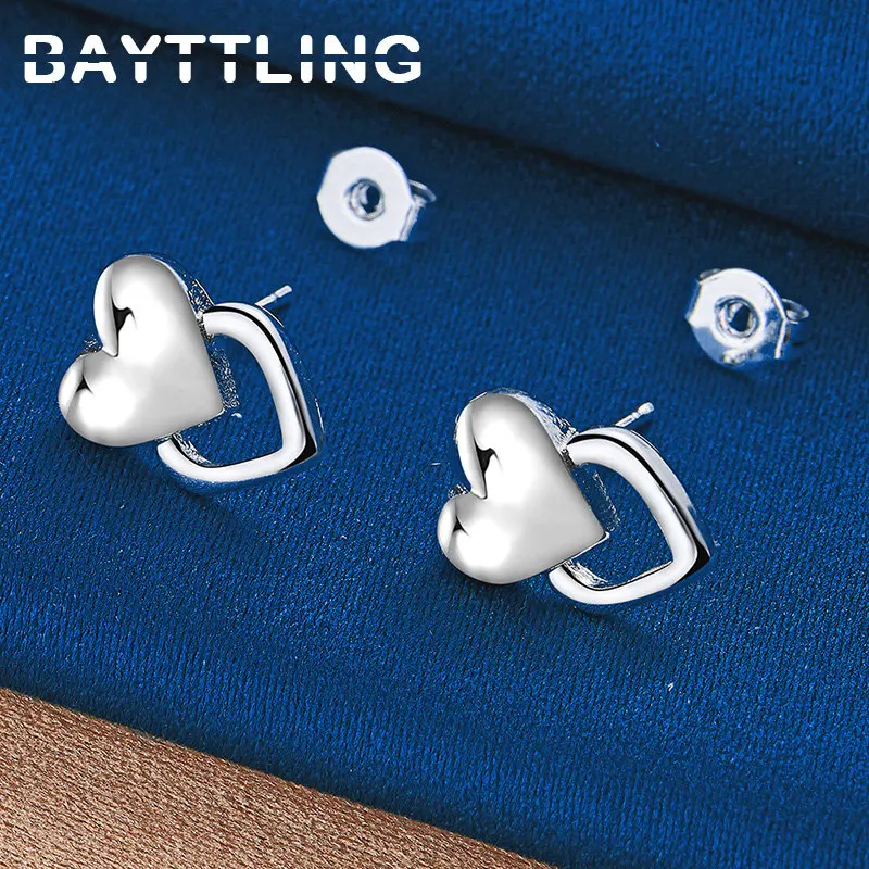 Luxury 925 Sterling Silver Double Heart Stud Earrings For Women Charm Fashion Engagement Party Favors Jewelry Accessories