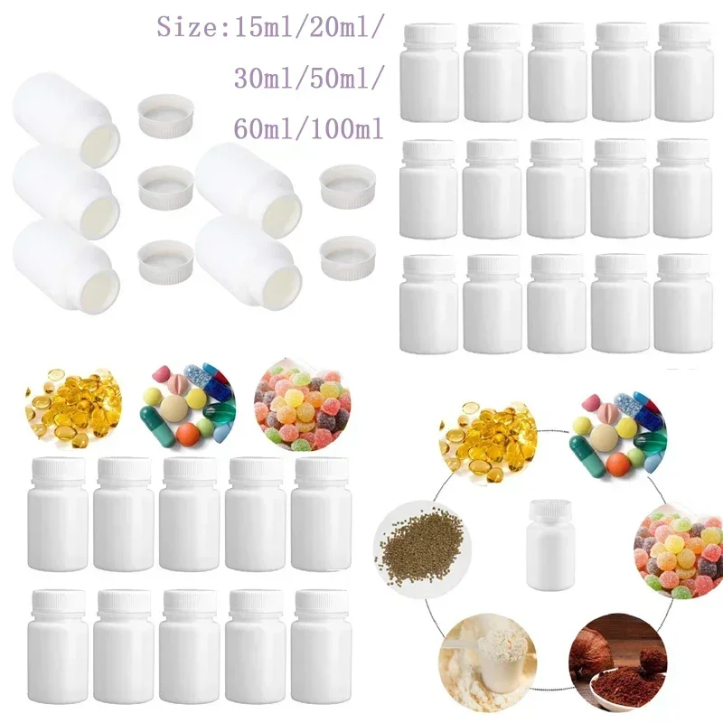 

50Pcs 15ml-100ml Empty Mini White PE Plastic Pills Bottles W/Sealed Lid Portable Sample Bottle Travel Powder Capsule Container