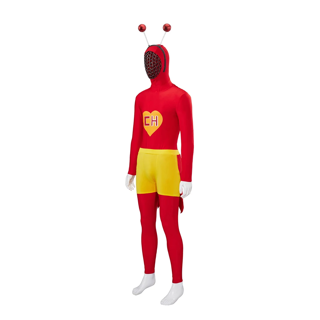 El Chapulin Colorado Cosplay Costume Red Hoodie Jumpsuit with Antennae CH Heart Printed Bodysuit Halloween Party Outfits