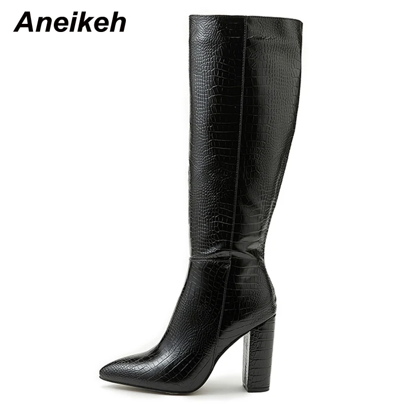 Aneikeh Pointed Thick Heels Knee Long Boots Women\'s 2024 Spring/Autumn Patent Leather Crocodile Pattern Panel Side Zipper Boots