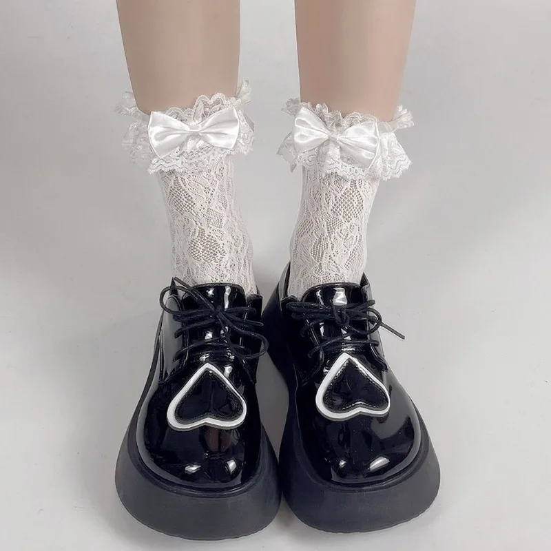 

Lolita Cute Bowknot Lace Trim White Socks Women's Sexy Mesh Mid Tube Sock Japanese Style Sweet Mid Calf Sock Princess Long Socks