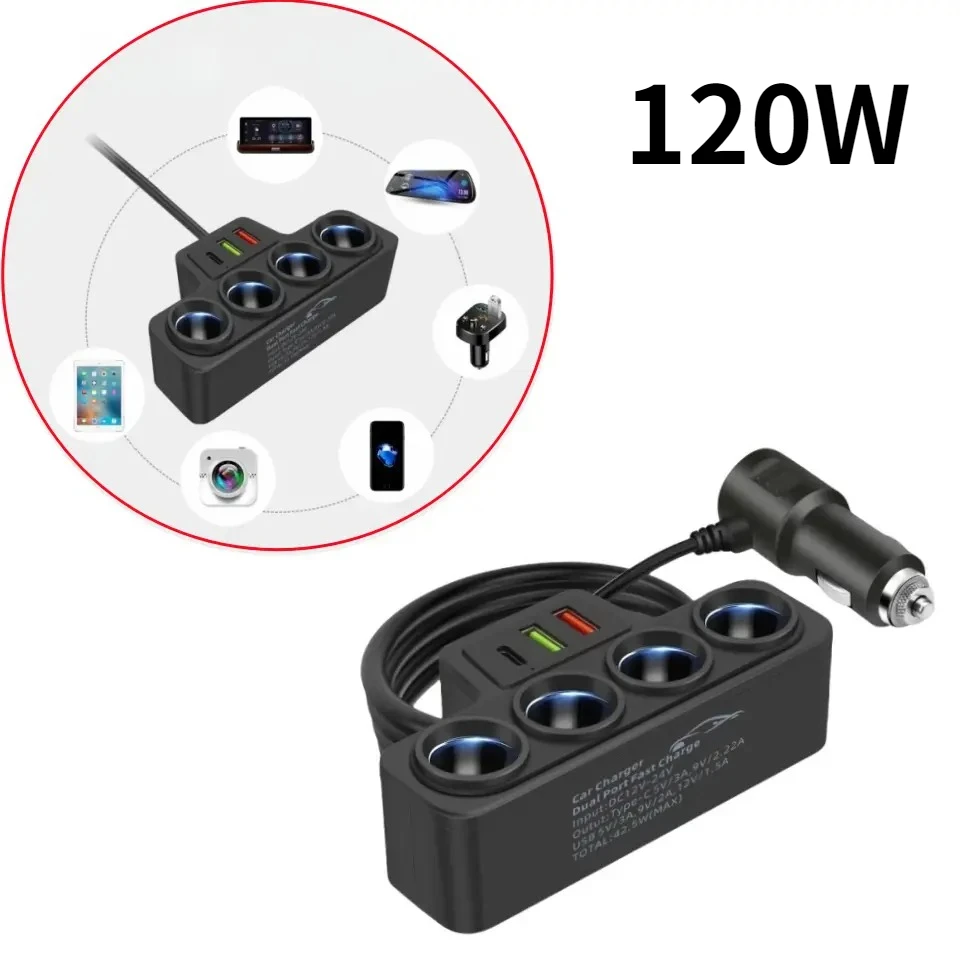 120W Car Cigarette Lighter USB Type C Quick Charge Power Outlet Multi‑Port PD Fast Charging Adapter Universal Vehicle Accessory