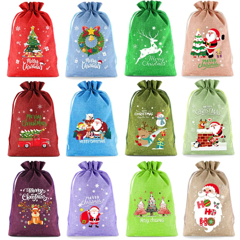 36pcs/lot 17*23cm, 20*30cm Christmas Eve Linen Drawstring Apple Bags Christmas Party Children's Gift Packaging Pouches