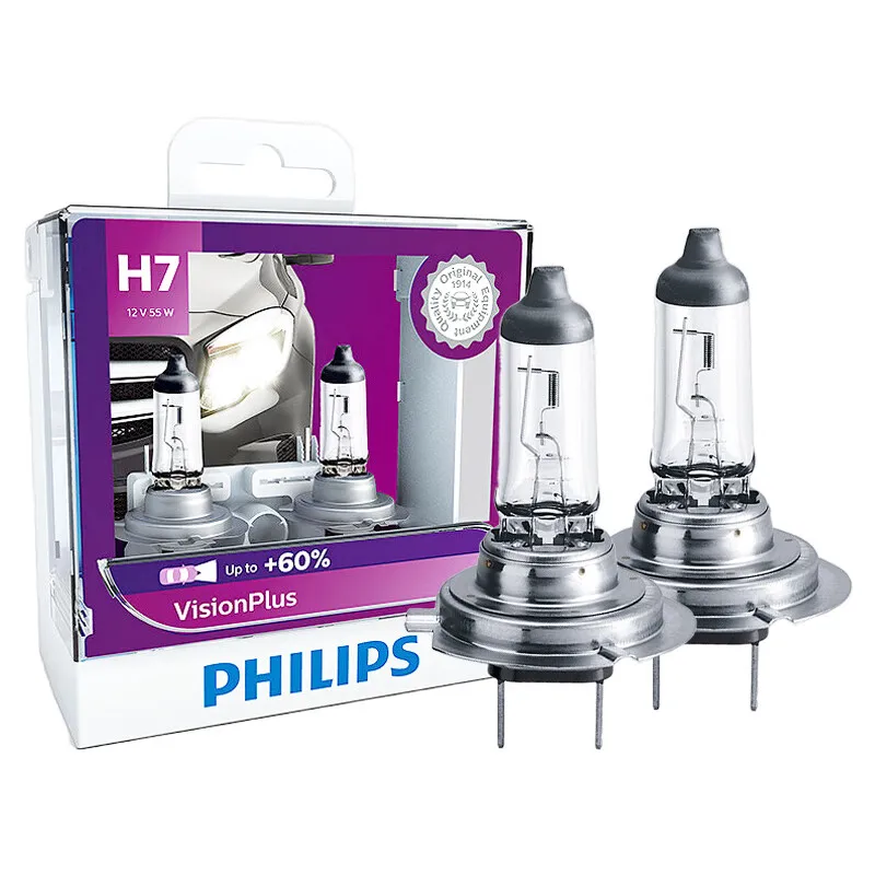 Philips H7 VisionPlus 12V 55W PX26d Halogen Car Headlight VP +60% Bright Auto Lamps Original Light New Bulbs 12972VPS2, 2X