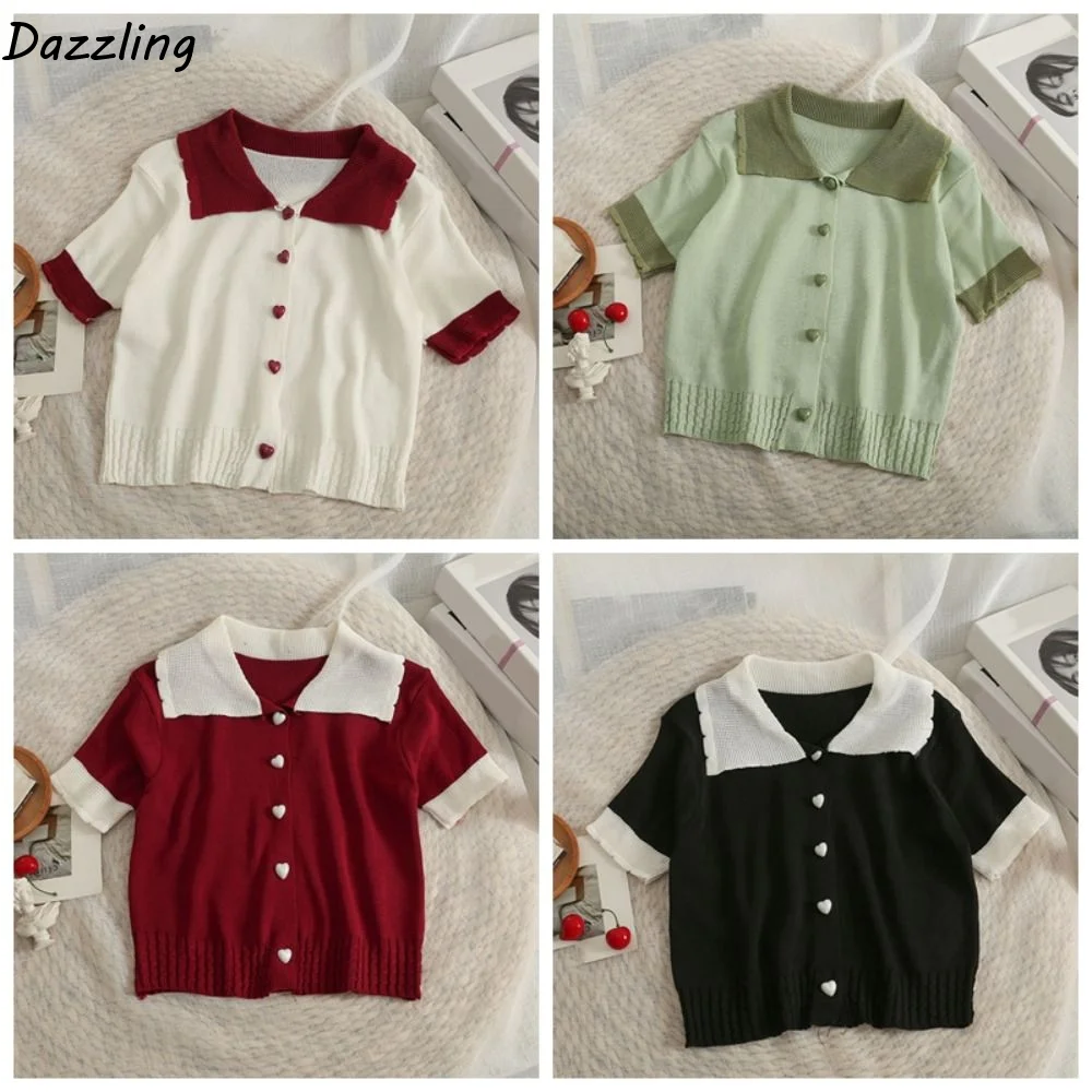 

Lapel Knit V-neck T-shirt Patchwork Korean Style Women's Slim Crop Tops Female Summer Tops Love button Short Sleeve Tops Holiday