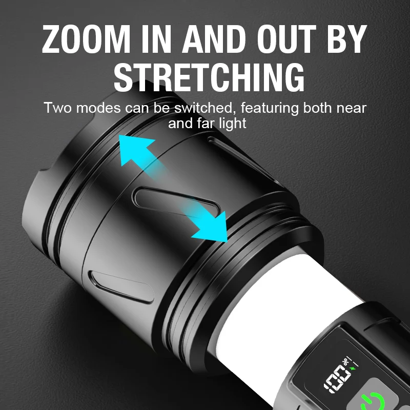 Torcia di ricarica portatile laser, luce da lavoro di sicurezza ultra luminosa per esterni, luce di emergenza con zoom, torcia a luce forte
