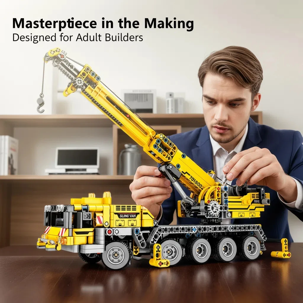 A yellow crane machine/construction vehicle series of ABS plastic building blocks for urban construction vehicles.