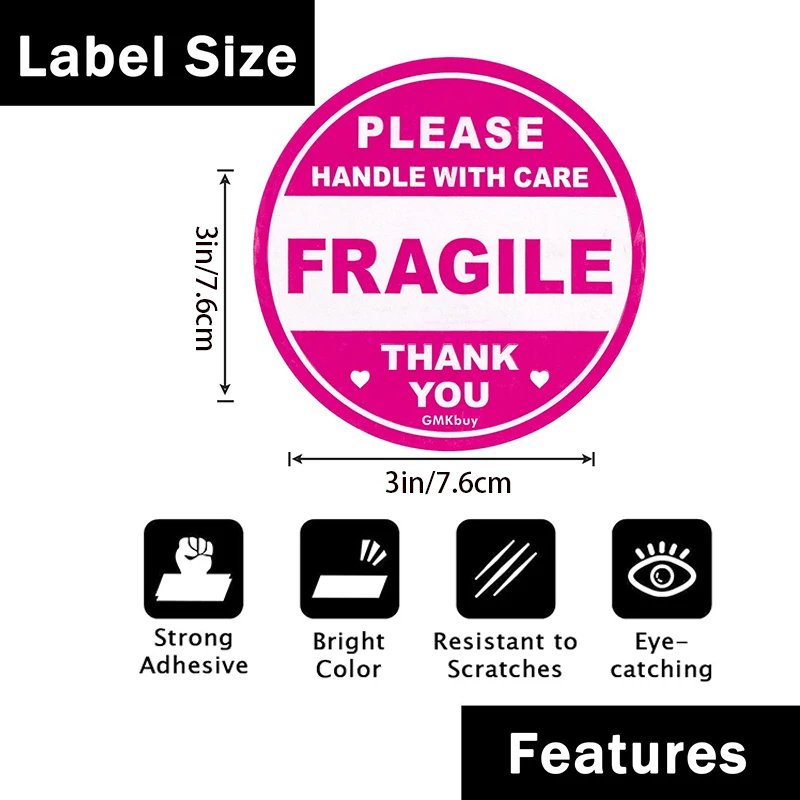 3in 100Pcs Pink Round Fragile Stickers Easy-Tear Adhesive Warning Label Stickers Warehouse Storage Fragile Handle with Care Stickers image 2