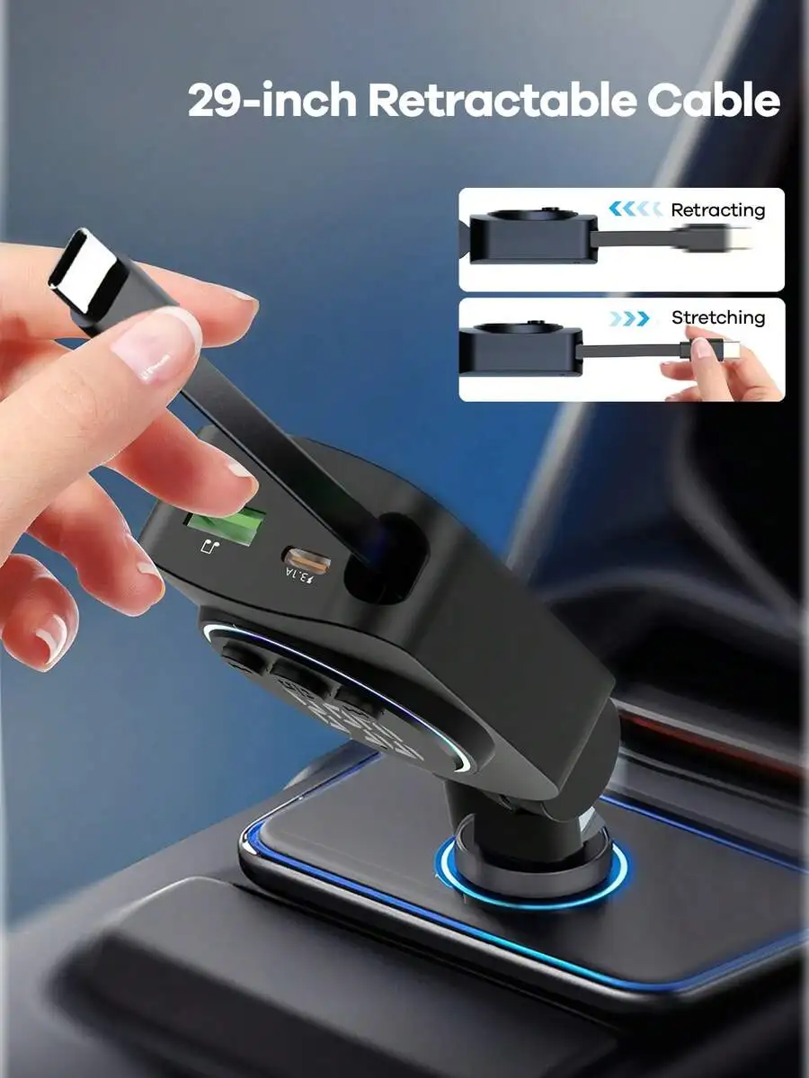 

Bluetooth Car Charger With RGB Lights 29 Inch Retractable Cable PD 30W Fast Charging BT 5.3 Hands-Free Call Music Type-C For