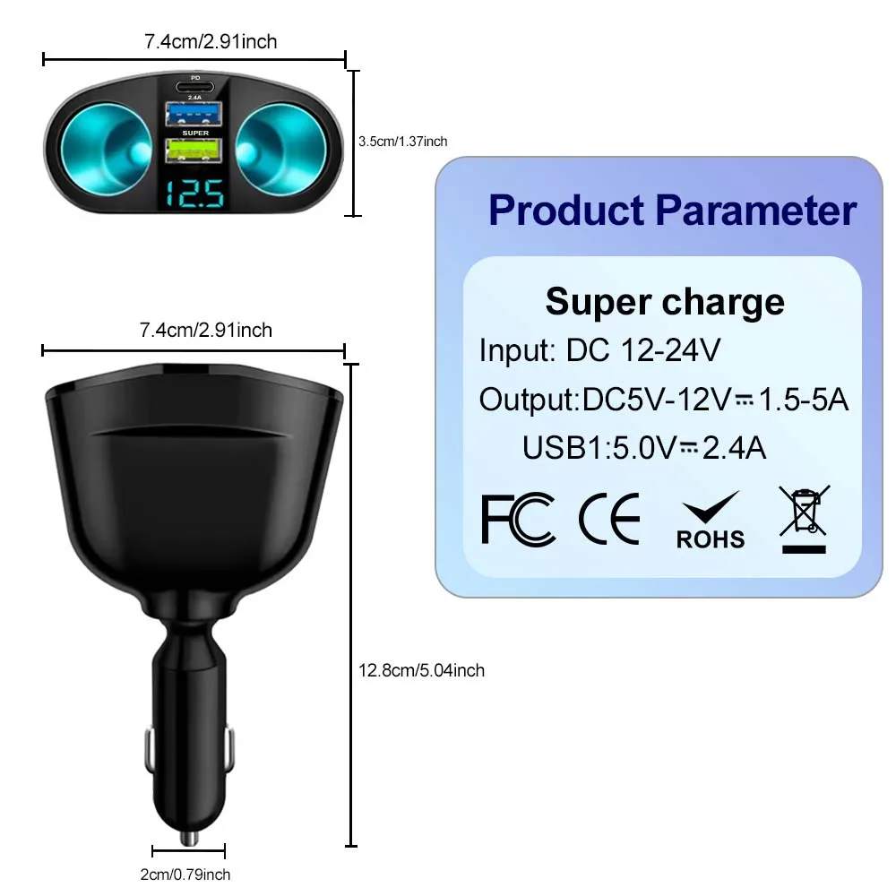 3 Ports Car Charger PD Type C Fast Charging Car Cigarette Lighter With Digital Display Dual-port Car Phone Charger Power Adapter image 6