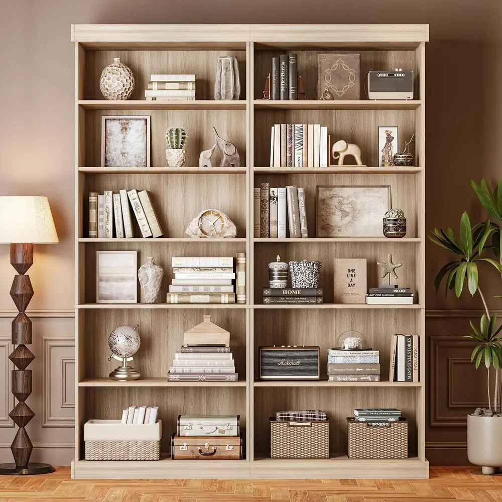 

6-Tier Adjustable Brown Bookshelf, Tall Storage Cabinet for Home Office or Living Room, Set of 2