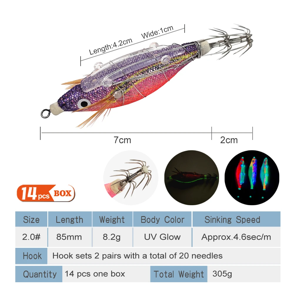 Señuelo de calamar luminoso de 14 piezas, plantilla de calamar 2,0 #85mm 8,2g, cebo Artificial para Webfoot, pulpo, sepia, Señuelos de Pesca de Mar,