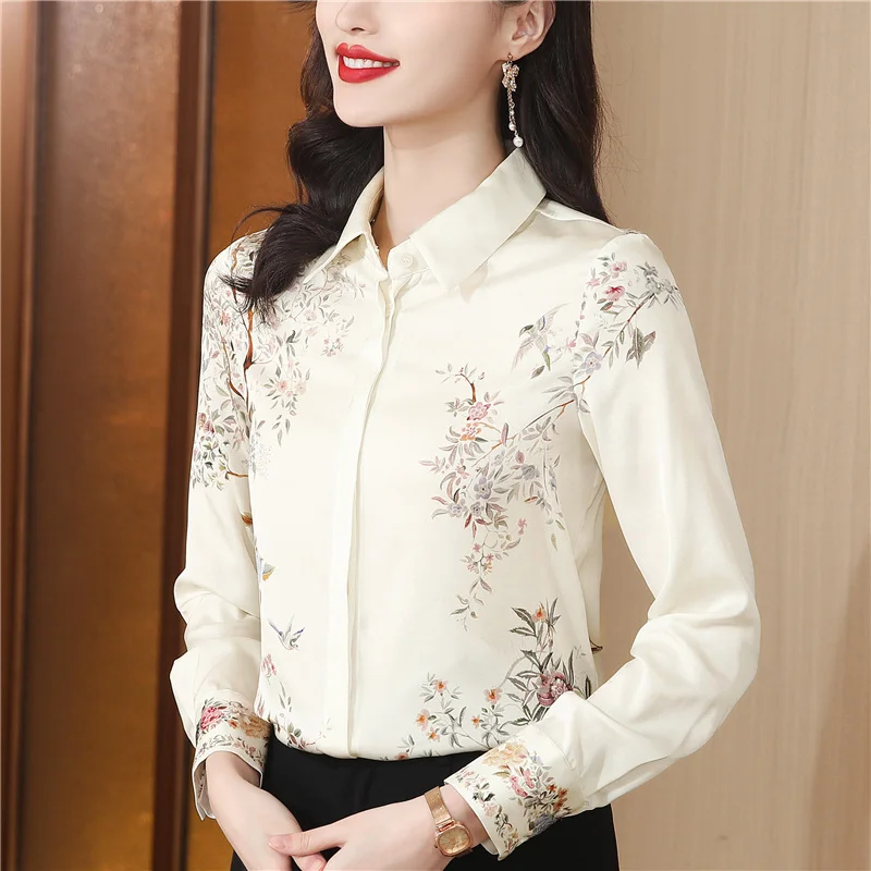 Spring Autumn Long Sleeve Printed Shirt Tops Women Office Lady Turn Down Collar Satin Silk Blouse Elegant Femme Blusas Clothing