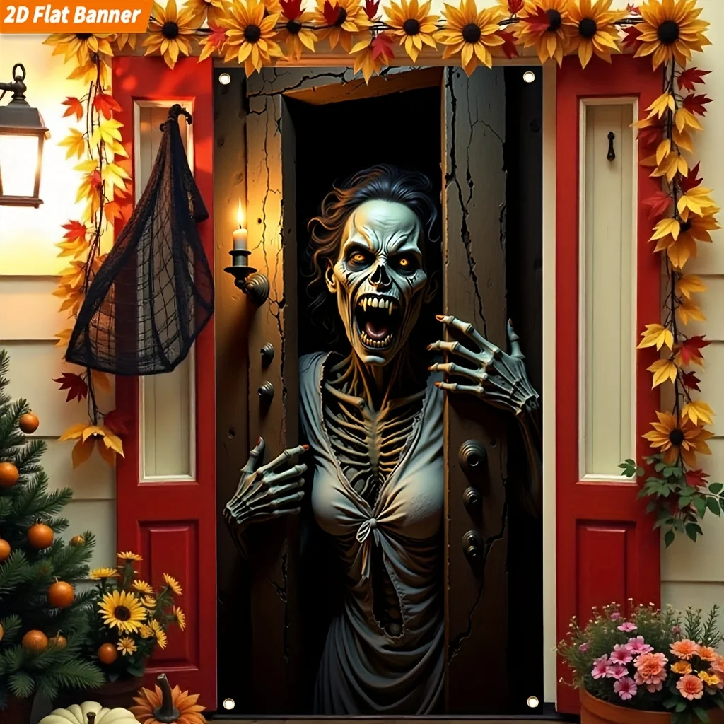 

2D flat 1pc Halloween polyester door banner - A skeleton woman appears from the door, a zombie-like terrifying party decoration