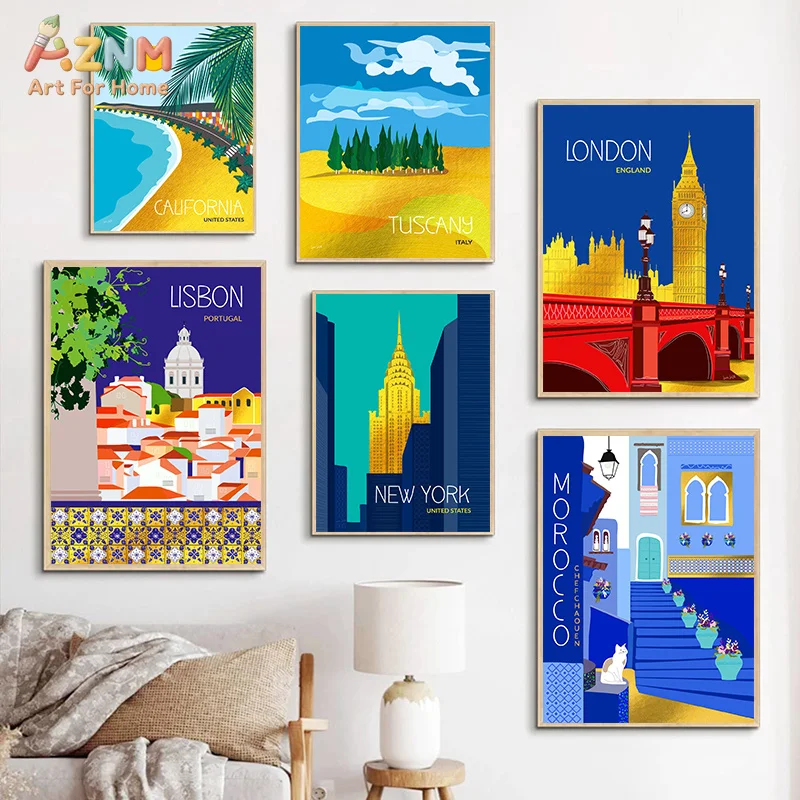 AZNM Colorful World Famous City Travel Canvas Poster Frameless Wall Art London New York Lisbon Scenic Landscape Print For Living