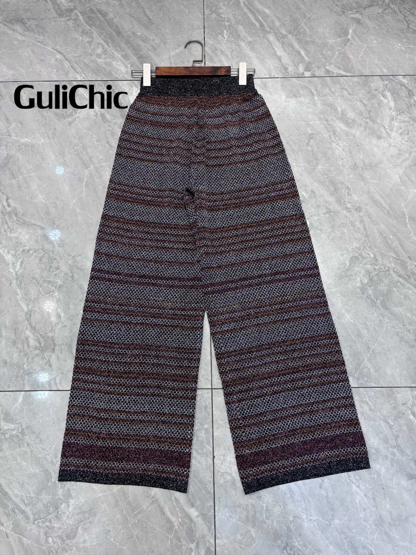 5.11 GuliChic High Quality Metallic Multicolor Knit Striped Slim Tank Top And High Waist Slim Pants 2 Piece Set For Women