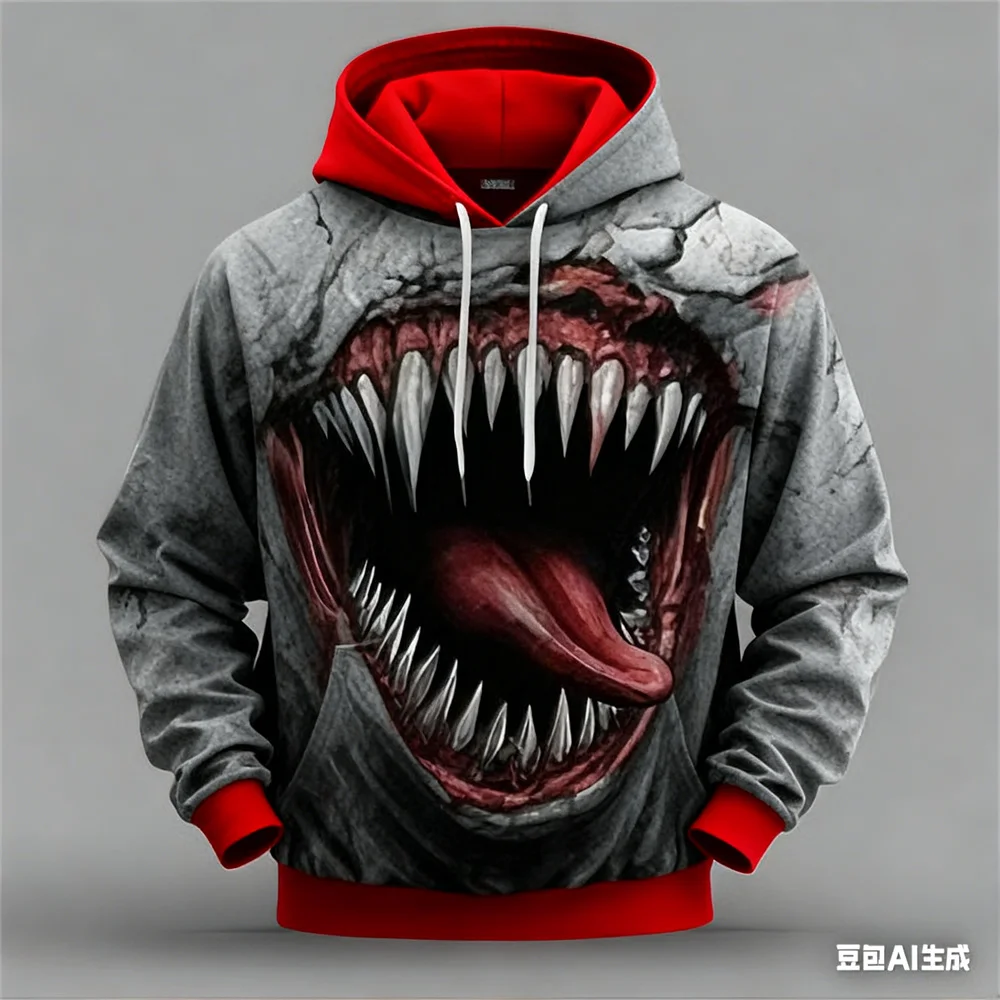 3D Print Horror Beast Graphic Men's Hoodies Fashion Cool Long Sleeve Hooded Sweatshirt Loose Creative Personality Design Clothes