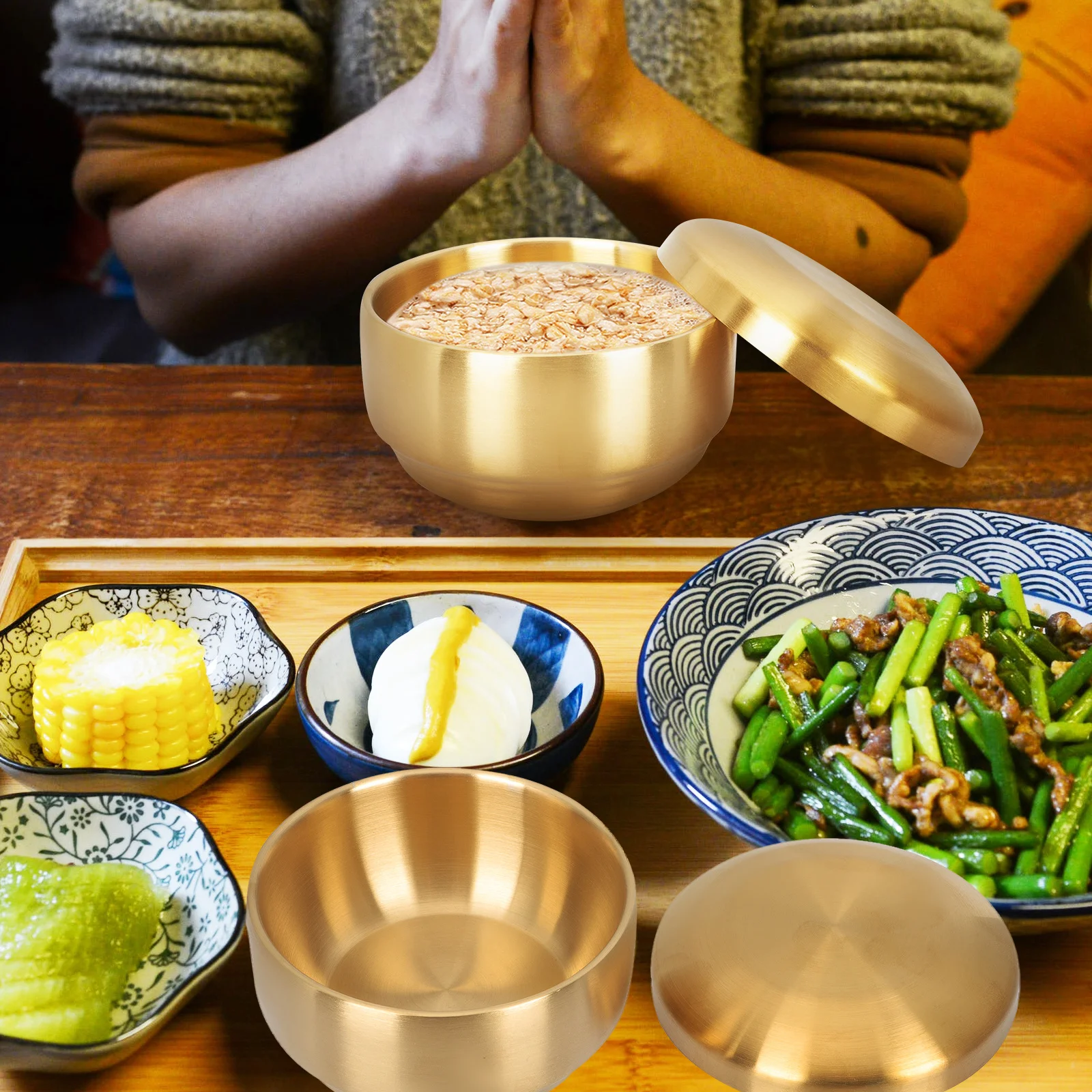 Cuenco de sopa de estilo coreano de arroz de doble capa de acero inoxidable, contenedor de almacenamiento de alimentos, suministro de cocina, ensaladera de fideos para el hogar, 2 uds.