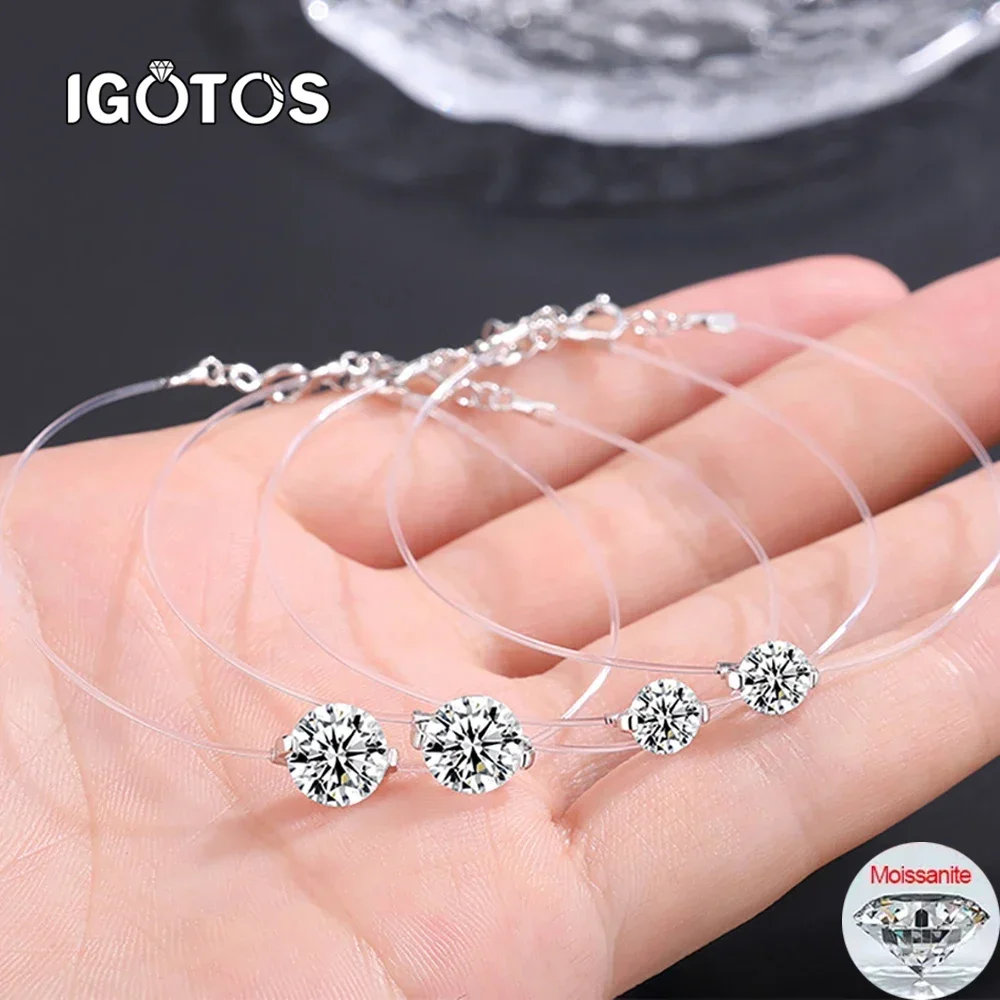 

IGOTOS 6/8/9mm Moissanite Bracelet for Women Transparent Fishing Line Diamond Hand Chain S925 Sterling Silver Certified Jewelry