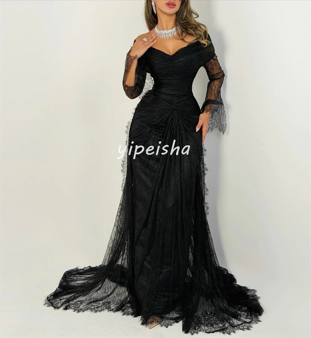 تخصيص أزياء من الدانتل الطية Ruched ألف خط خارج على الكتف فساتين طويلة فساتين مناسبة مخصصة الأحجام المتاحة عارضة