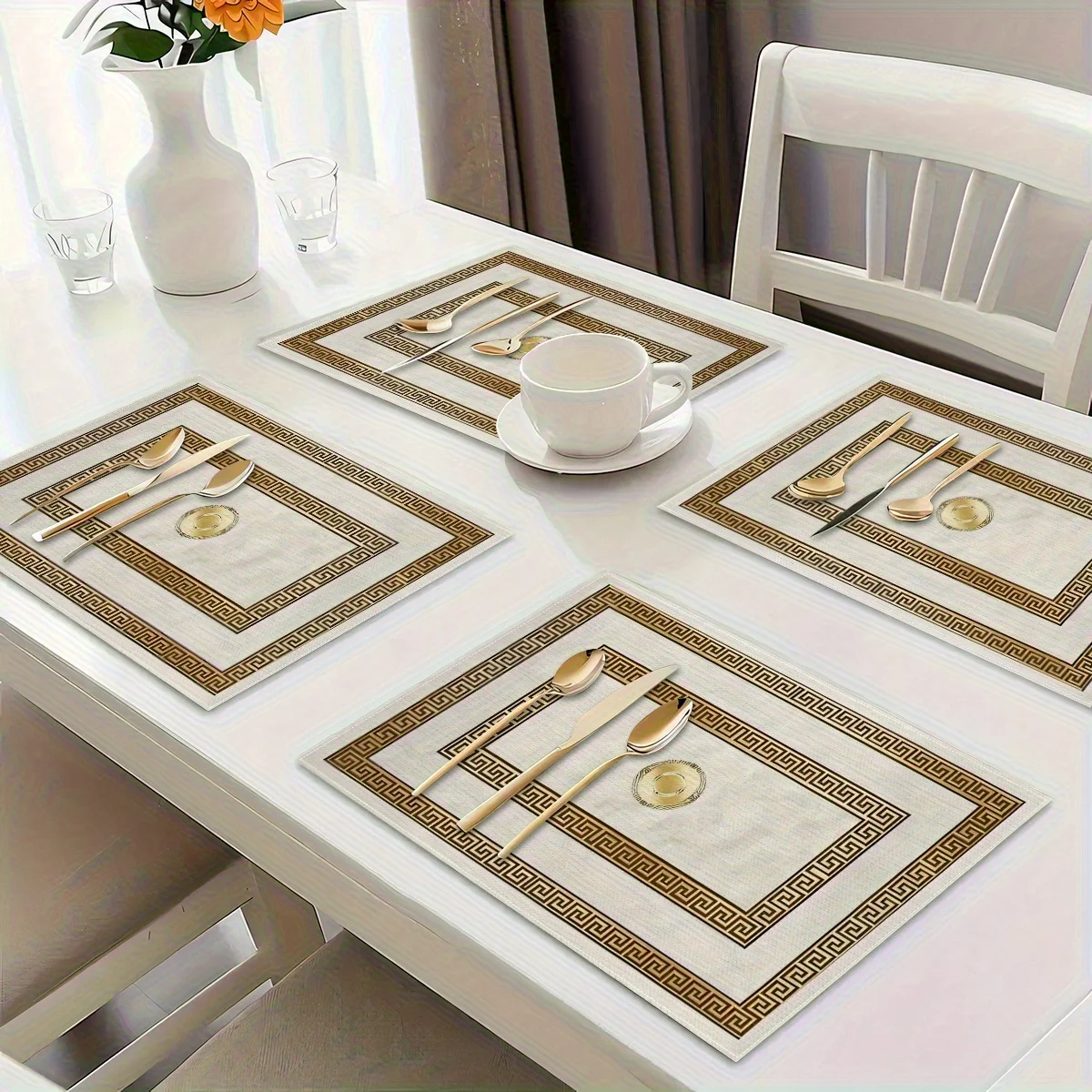 Luxury European-style Golden Geometric Placemats with Non-Slip Linen, Suitable for Kitchen Dining Decor and Indoor Outdoor Party
