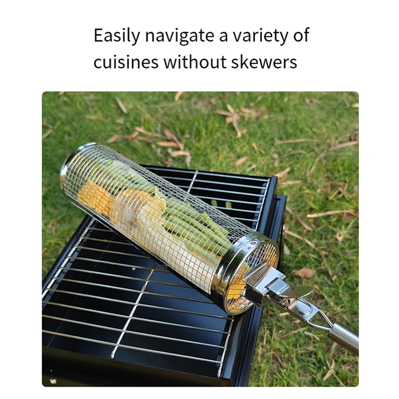 Barbecue Cage With Handle Barbecue,Stainless Steel Rolling Grill Barrel Barbecue Net Smoked Barbecue Round Grill Basket