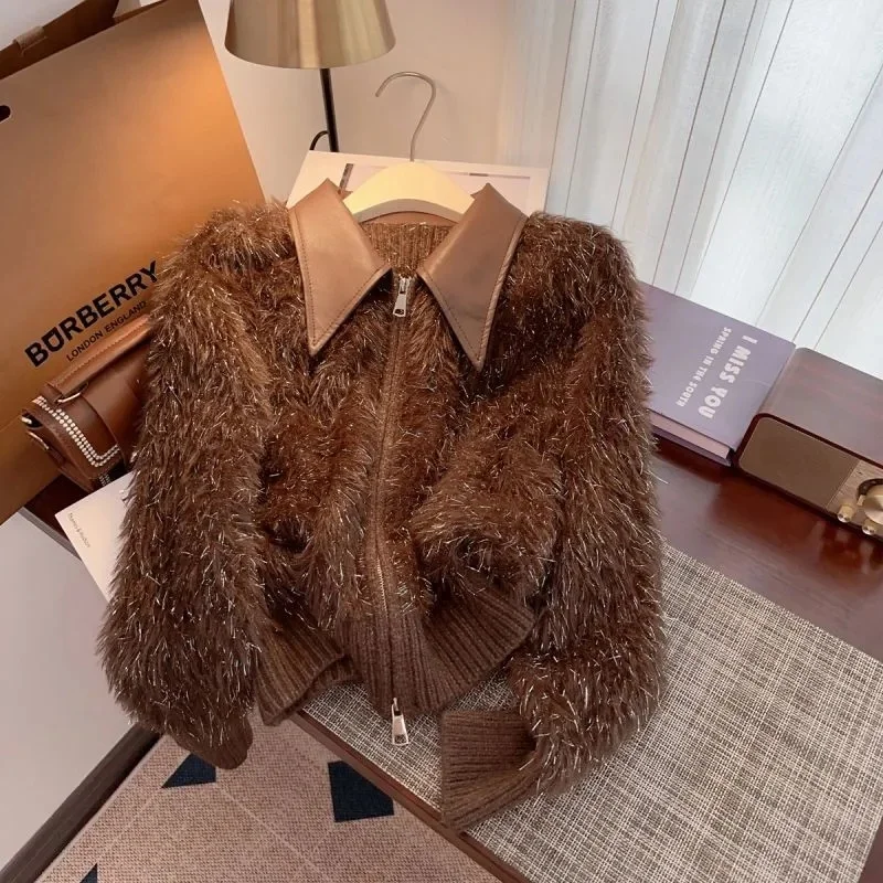 

Soft Fur Collar Knitted Open Cardigan Sweater Women's Faion Autumn Winter New Sle Mink Velvet Material Ladies Coat