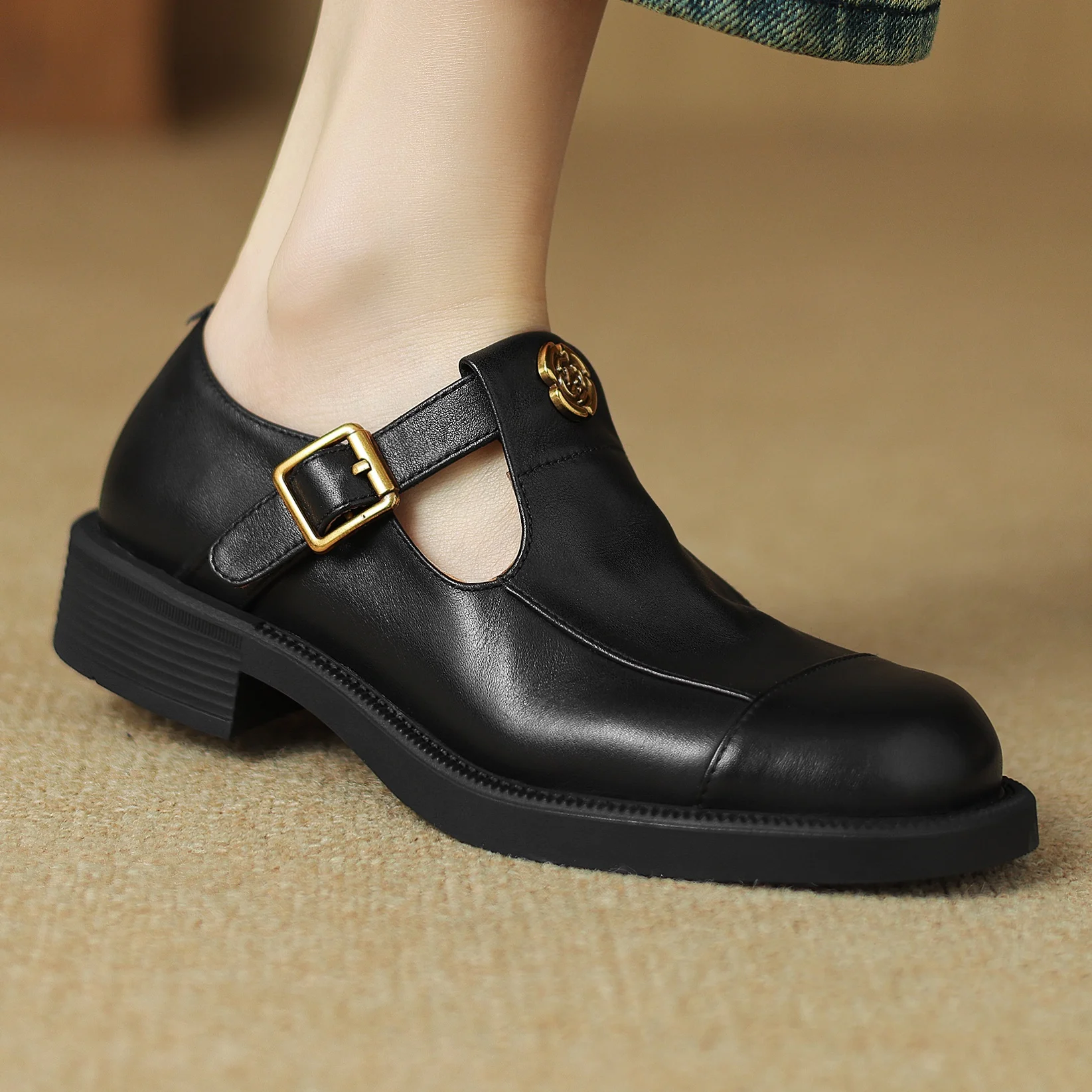 Women's genuine leather t-strap flats loafers British style high quality soft comfortable casual female moccasins retro shoes