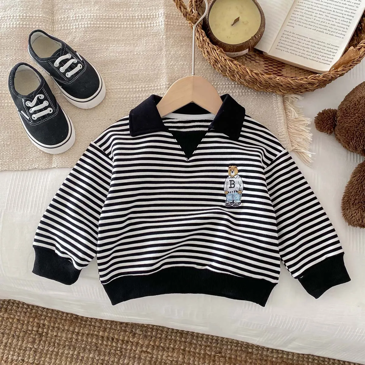 Spring Autumn Children Cool Lapel Striped Sweatshirt Kid Girl Cartoon Embroidery Long Sleeve T-shirt Boy Baby Casual Cotton Tops