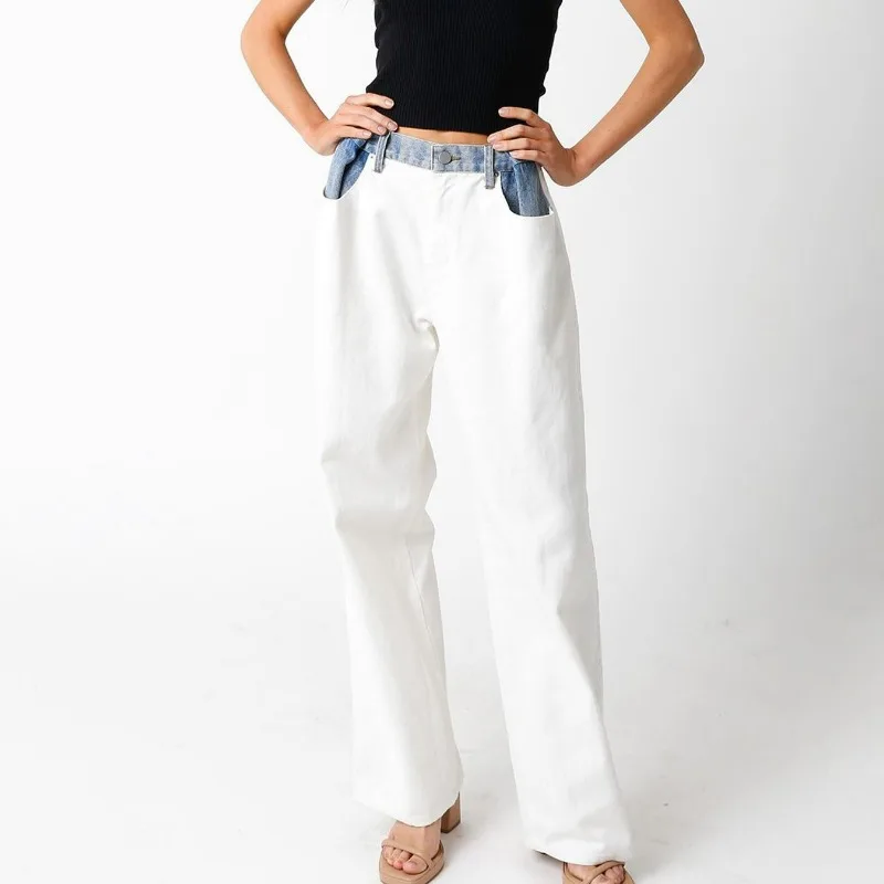 

Adjustable Button Waist and Toe Color-blocking High-end Jeans Straight-leg Women's Spring Summer Basic Casual New Commuter Style