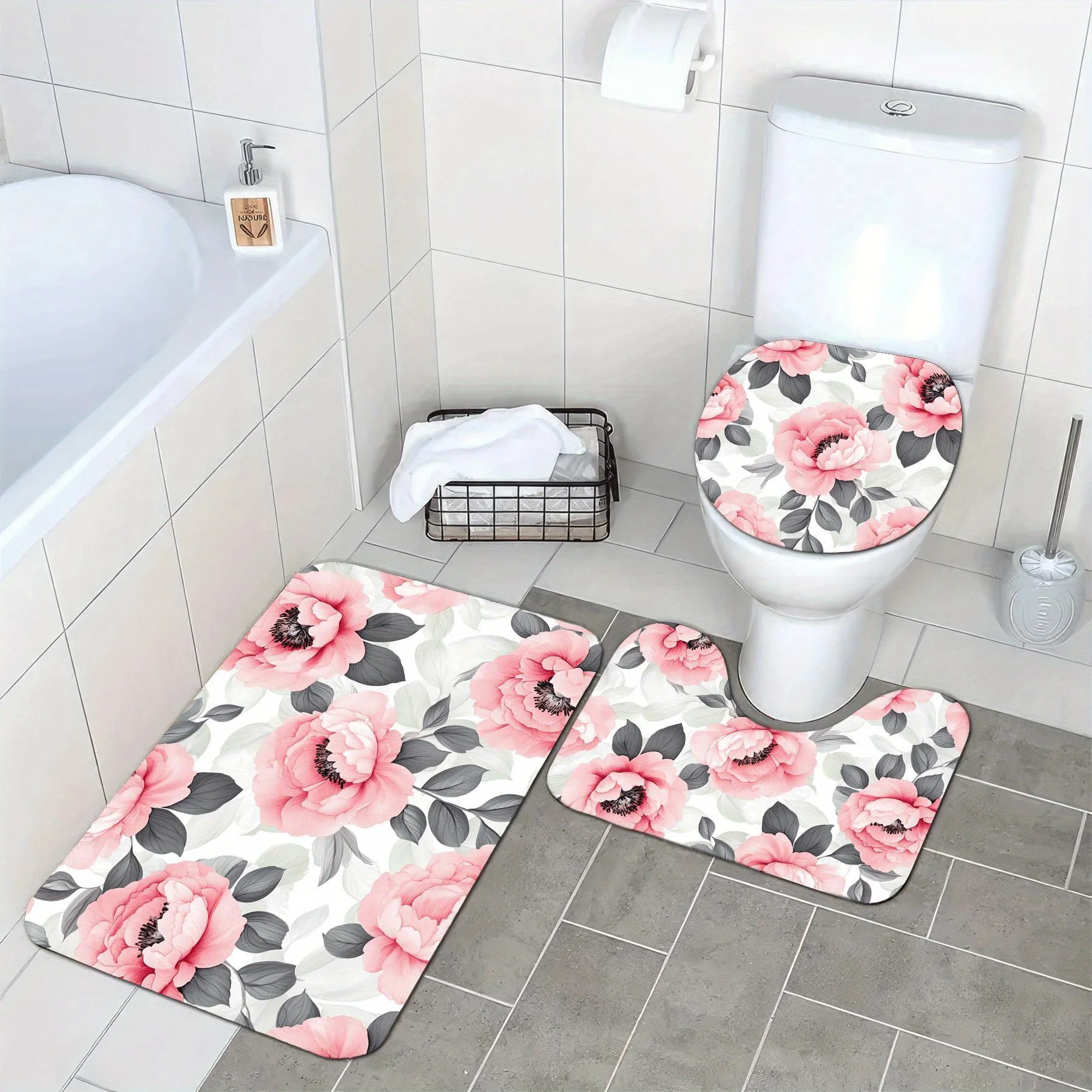 

3 шт. Набор для ванной комнаты с рисунком розового пиона, U-образный коврик, нескользящий коврик, чехол на сиденье унитаза, подходит для украшения ванной комнаты.