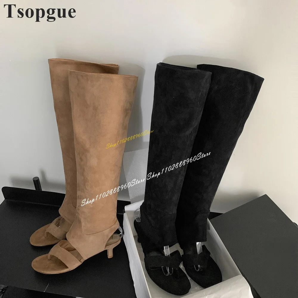 

Big Size Knee High Solid Flock Thong Sandal Boots Low Heel Shoes For Women Slip On Split Toe 2024 Fashion Zapatos Para Mujere