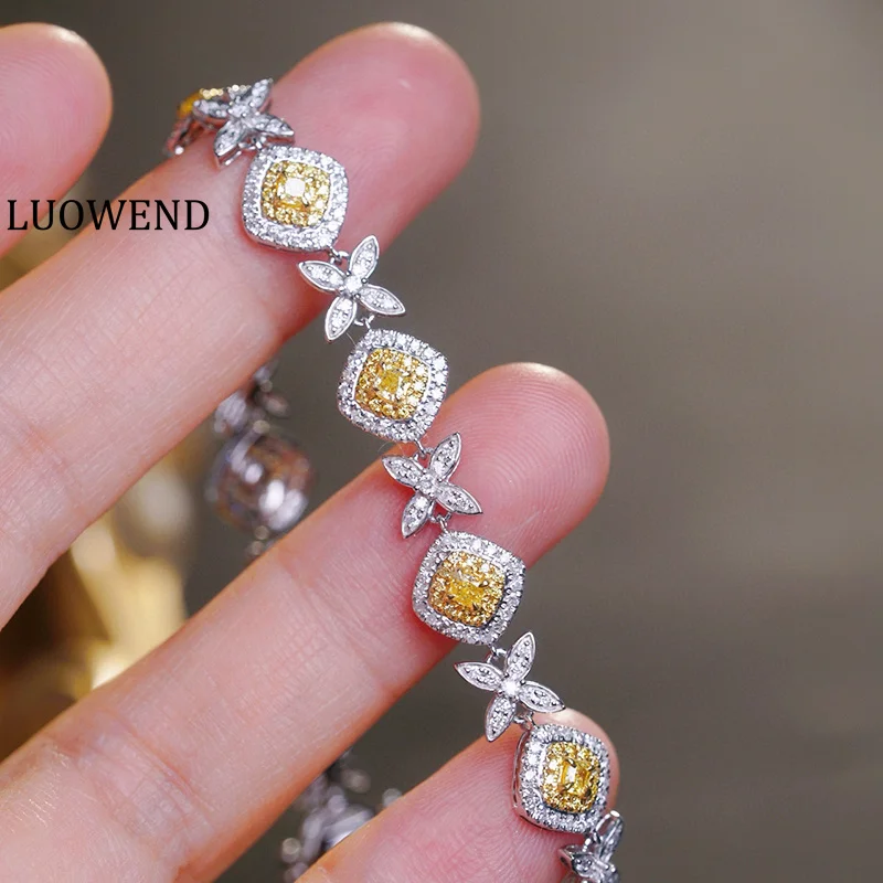 LUOWEND 100% 18K White Gold Bracelet 2.75carat Real Natural Yellow&White Diamond Bracelet for Romantic Style Wedding Jewelry