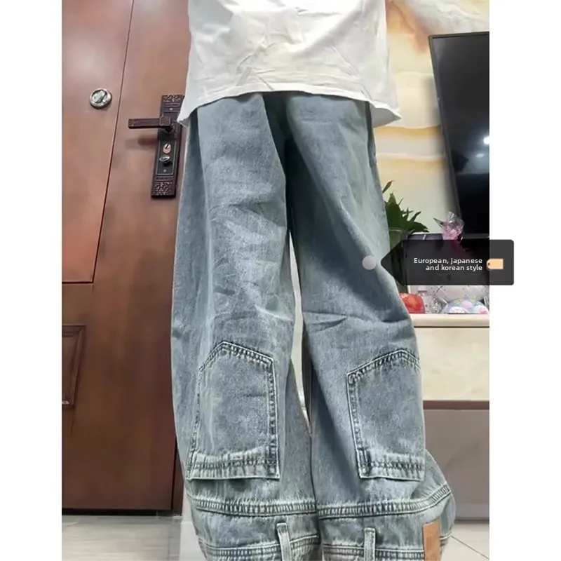

American Style Wide Leg Inverted Jeans Unique Design Sensation Anti Wear Pants Couple Long Trousers High Waist Zipper C...