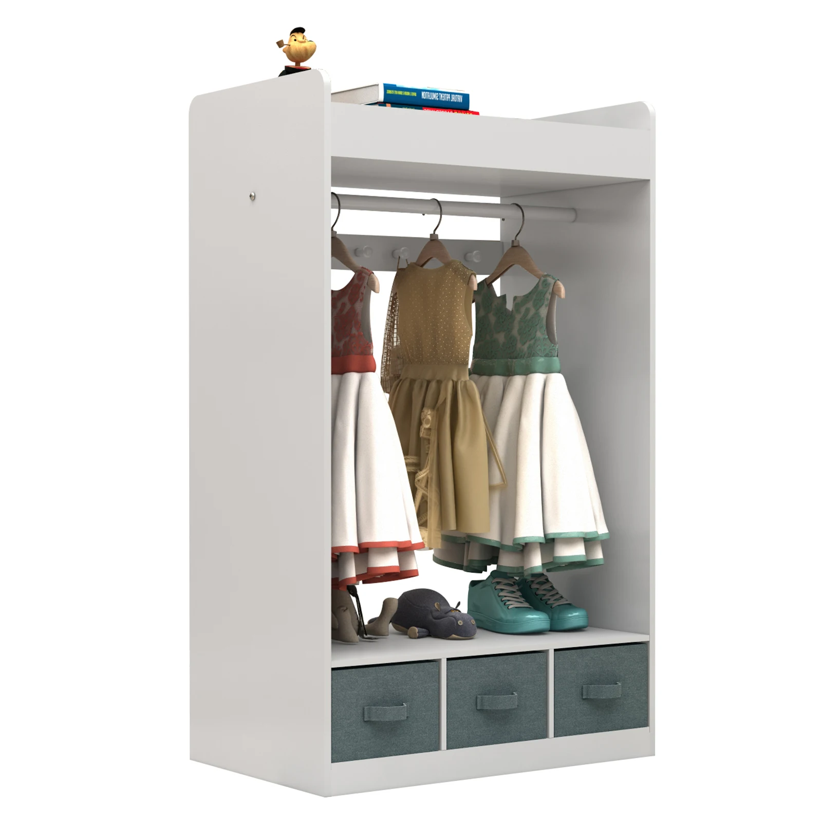 Kids Costume Organizer、 Costume Rack、Kids Armoire、Open Hanging Armoire Closet with Mirror-WHITE