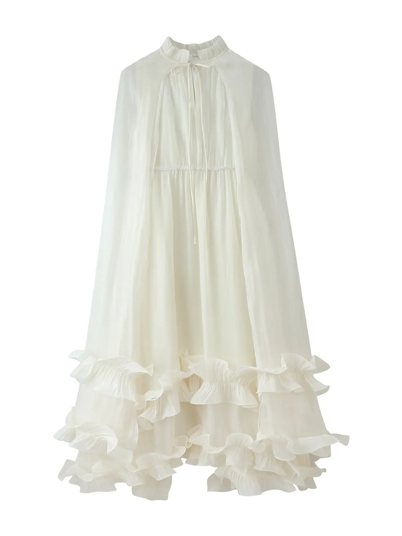 Women Elegant Ruffles Hem Beige Long Evening Dress Sleeveless Cloak Style Maxi Dresses