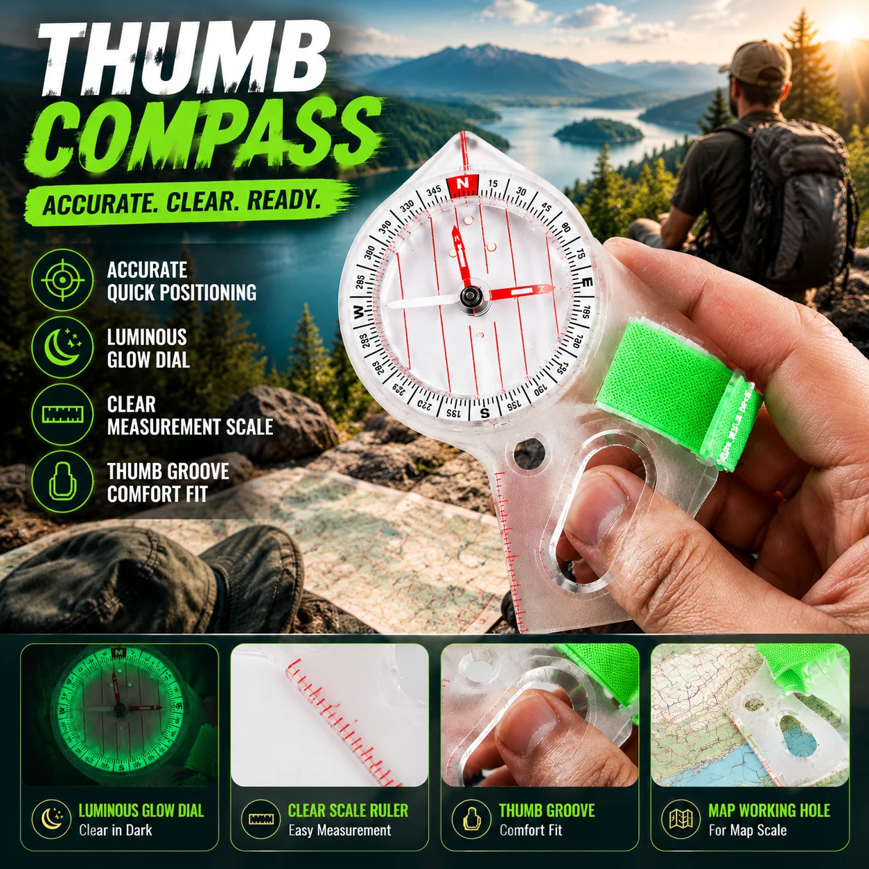 Luminous Thumb Compass Clear Scale Ruler Map Measuring Hole Ergonomic Thumb Slot Adjustable Wrist Strap High Precision Compass