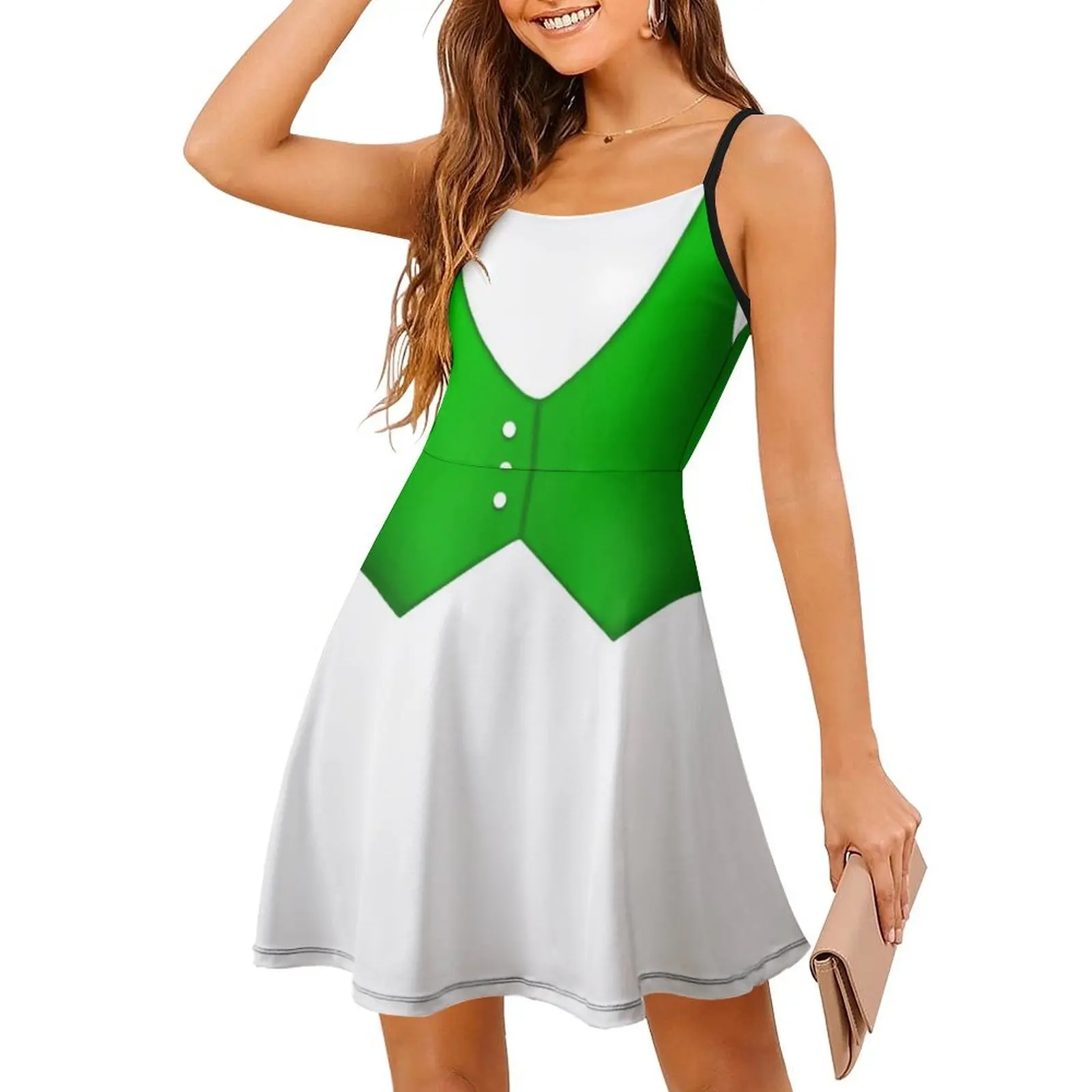 塗装された明るい緑色のベスト、3 つのボタン付き、ヴィンテージボヘミアンドレス、パフスリーブまたはノースリーブのオプション、女性用ドレス、塗装済み