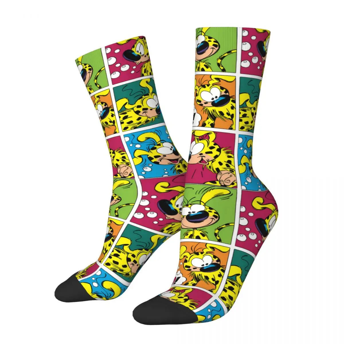 Funny Crazy Sock for Men Humor Leopard Vintage Marsupilami Breathable Pattern Printed Crew Sock Novelty Gift