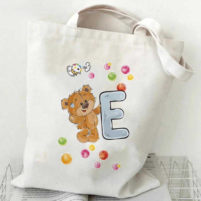 مضحك لطيف الدب قماش حمل حقيبة للنساء حقيبة يد خمر Y2K جماليات حمل حقيبة موضة A-Z 26 الأبجدية حقيبة كتف الإناث