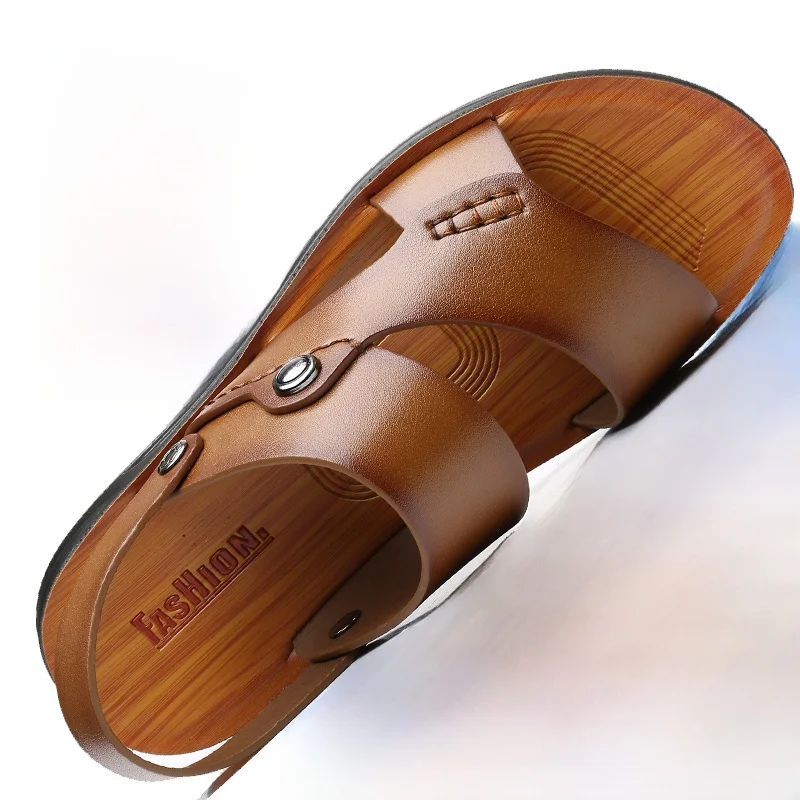 

Мужские летние повседневные кожаные сандалии с мягкой подошвой, нескользящие пляжные шлепанцы больших размеров, модные уличные тапочки, дышащие, без застежек